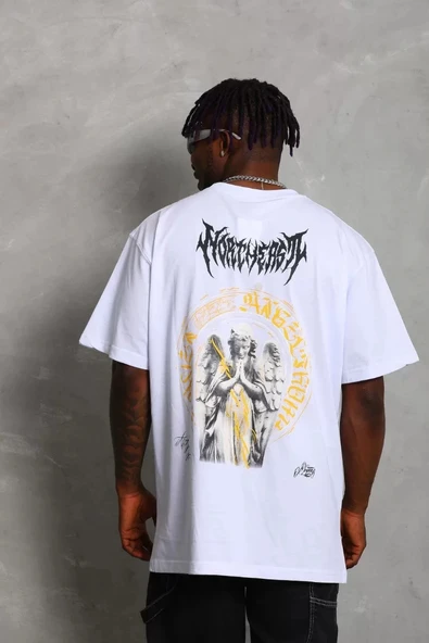 Unisex Oversize Baskılı Bisiklet Yaka T-Shirt - Beyaz - Resim 5