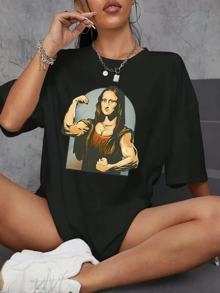 Kadın Baskılı Oversize T-shirt - Siyah - 1