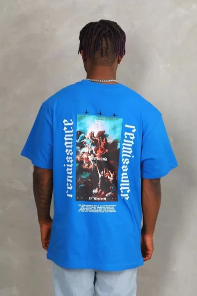 Unisex Oversize Baskılı Bisiklet Yaka T-Shirt - Mavi - Resim 5