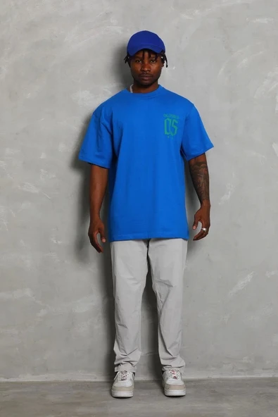 Unisex Oversize Baskılı Bisiklet Yaka T-Shirt - Mavi - 3