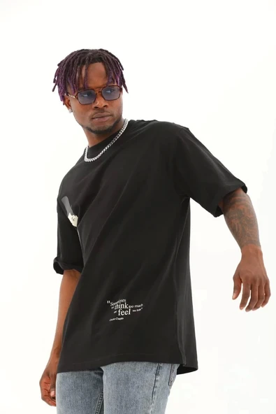 Unisex Oversize Baskılı Bisiklet Yaka T-Shirt - Siyah ürün görseli