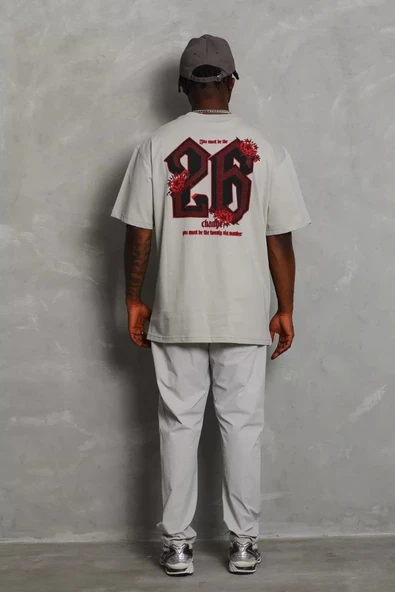 Unisex Oversize Baskılı Bisiklet Yaka T-Shirt - Gri - Resim 3