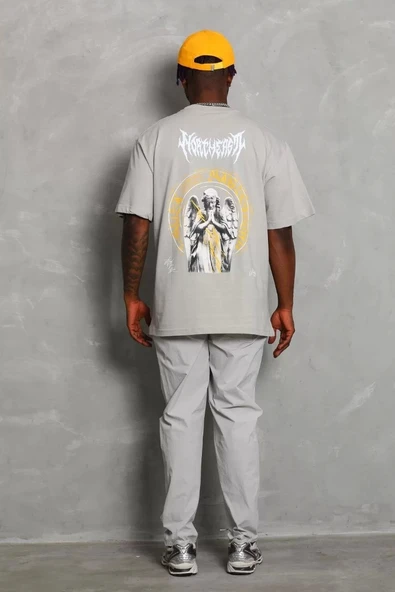 Unisex Oversize Baskılı Bisiklet Yaka T-Shirt - Gri - Resim 4