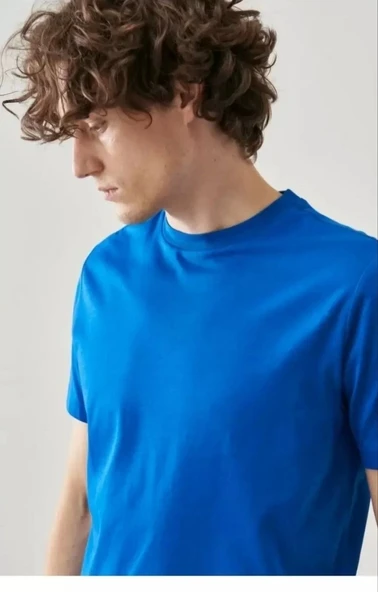 Erkek 24/1 Düz A Kalite Oversize T-shirt - Mavi - Resim 5