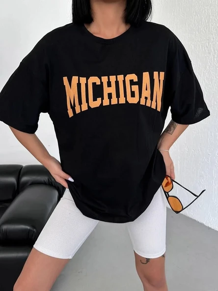 Unisex Bisiklet Yaka Baskılı Oversize T-Shirt - Siyah - Resim 3