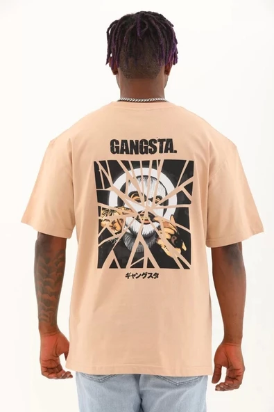 Unisex Oversize Baskılı Bisiklet Yaka T-Shirt - Bej - Resim 5