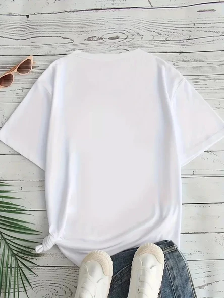 Kadın Beyaz "I've Got Your Back" Grafik Tişört - Eğlenceli Çubuk Tasarımlı Oversize Günlük Kısa Kollu Tişört, Polyester - 3