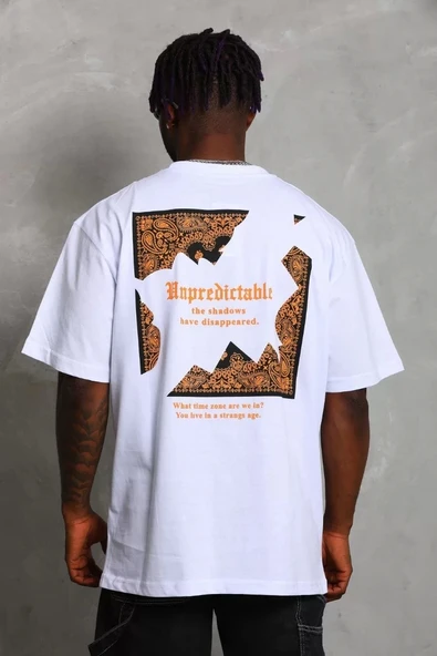 Unisex Oversize Baskılı Bisiklet Yaka T-Shirt - Beyaz - Resim 4