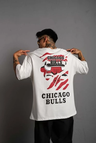 Erkek Sırt Baskılı A Kalite Oversize T-shirt - Beyaz - Resim 2