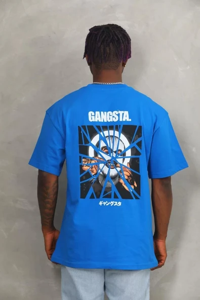 Unisex Oversize Baskılı Bisiklet Yaka T-Shirt - Mavi - Resim 5