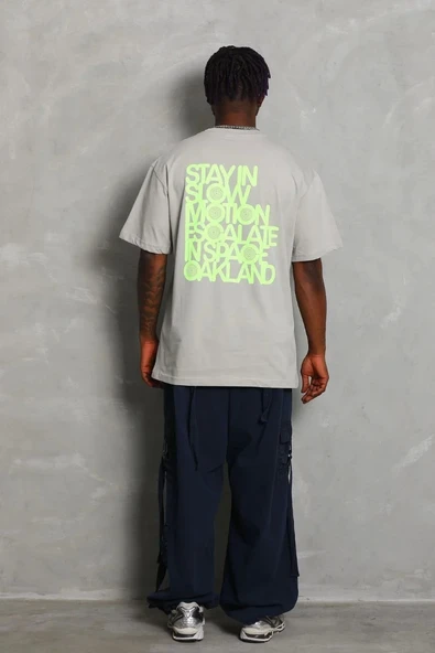 Unisex Oversize Baskılı Bisiklet Yaka T-Shirt - Gri - 4