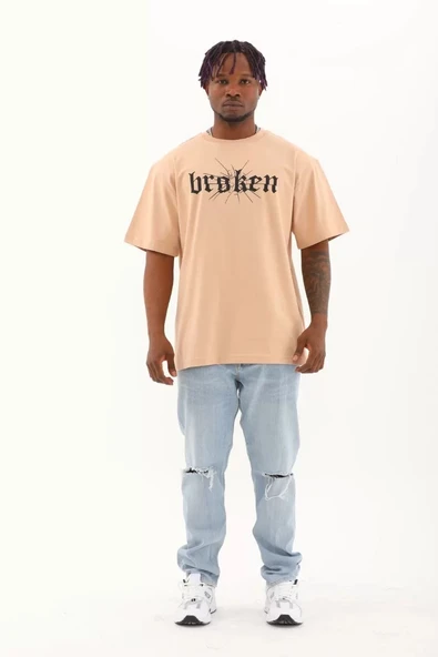 Unisex Oversize Baskılı Bisiklet Yaka T-Shirt - Bej - Resim 4