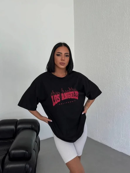 Unisex Bisiklet Yaka Baskılı Oversize T-Shirt - Siyah ürün görseli