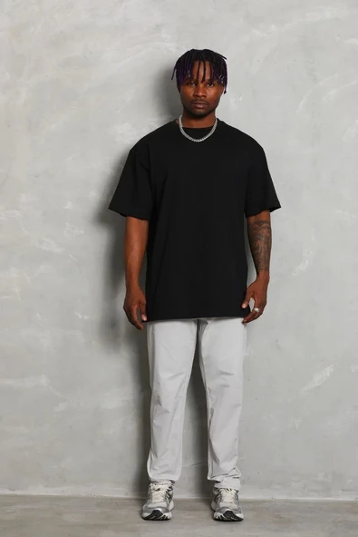 Unisex Oversize Düz Bisiklet Yaka T-Shirt - Siyah - 1