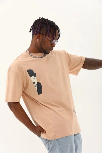 Unisex Oversize Baskılı Bisiklet Yaka T-Shirt - Bej - Resim 3