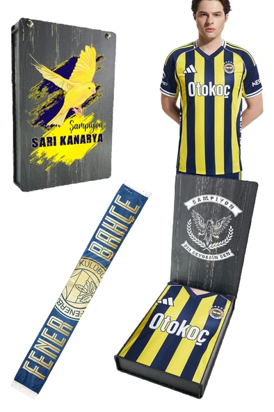 Fenerbahçe Orijinal Lisanslı 2025/26 Çubuklu Yeni Sezon Forma + Şal Kaşkol Set Hediyelik Ahşap Kutu ürün görseli 1
