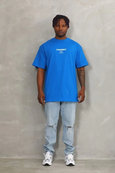 Unisex Oversize Baskılı Bisiklet Yaka T-Shirt - Mavi - Resim 4