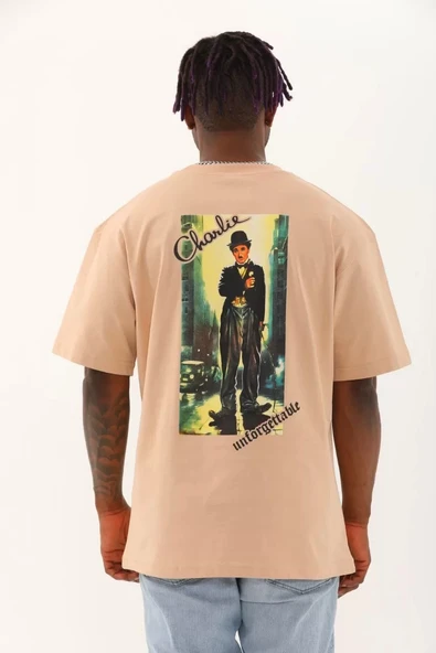 Unisex Oversize Baskılı Bisiklet Yaka T-Shirt - Bej - Resim 5