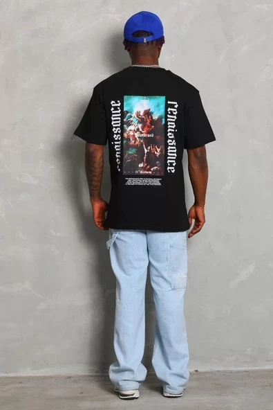 Unisex Oversize Baskılı Bisiklet Yaka T-Shirt - Siyah - Resim 4