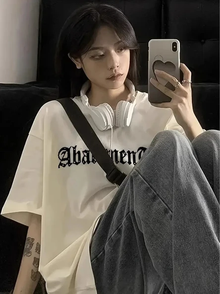 Örümcek Ağı Desenli Baskılı Oversize Bisiklet Yaka T-shirt  - Beyaz - Resim 5