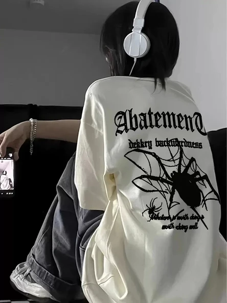 Örümcek Ağı Desenli Baskılı Oversize Bisiklet Yaka T-shirt  - Beyaz - Resim 3