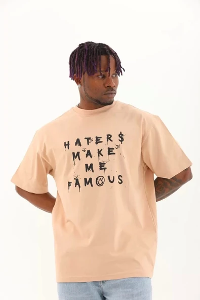 Unisex Oversize Baskılı Bisiklet Yaka T-Shirt - Bej - Resim 2