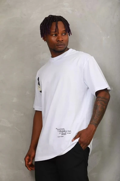 Unisex Oversize Baskılı Bisiklet Yaka T-Shirt - Beyaz - Resim 2