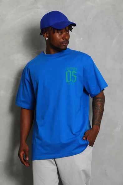 Unisex Oversize Baskılı Bisiklet Yaka T-Shirt - Mavi - 2