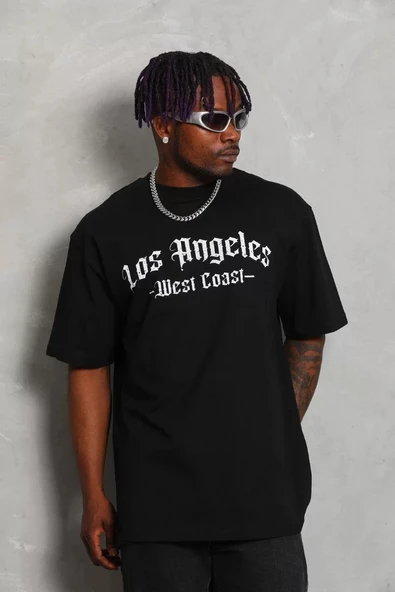 Unisex Oversize Baskılı Bisiklet Yaka T-Shirt - Siyah - Resim 4