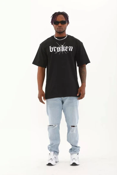 Unisex Oversize Baskılı Bisiklet Yaka T-Shirt - Siyah - Resim 3