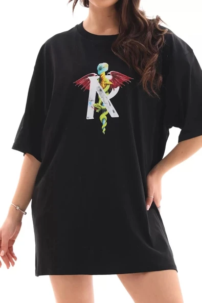 Unisex Bisiklet Yaka Baskılı Oversize T-Shirt - Siyah - Resim 5