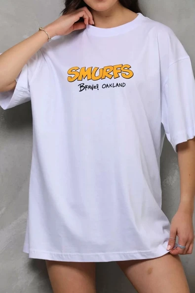 Unisex Bisiklet Yaka Baskılı Oversize T-Shirt - Beyaz - Resim 3