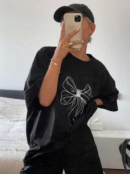 Kadın Baskılı Oversize T-shirt - Siyah - Resim 5