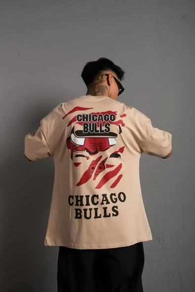 Erkek Sırt Baskılı A Kalite Oversize T-shirt - Bej - 4