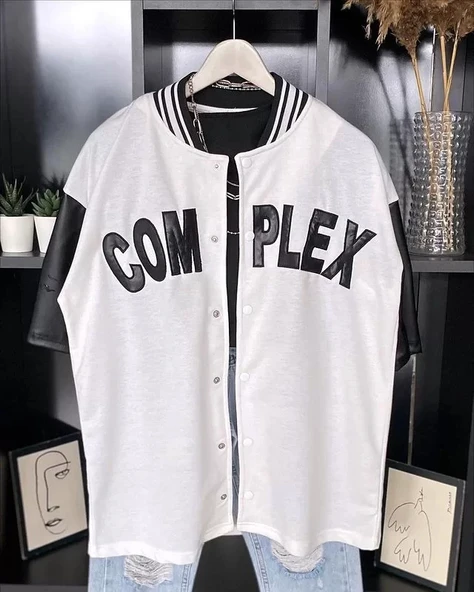 Erkek Complex Kolları Deri Kolej Oversize T-Shirt - Beyaz ürün görseli