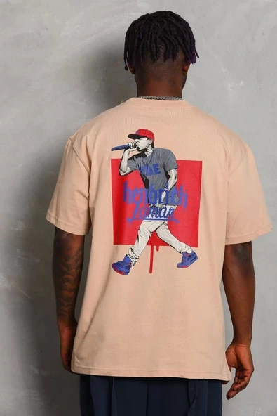 Unisex Oversize Baskılı Bisiklet Yaka T-Shirt - Bej - 4