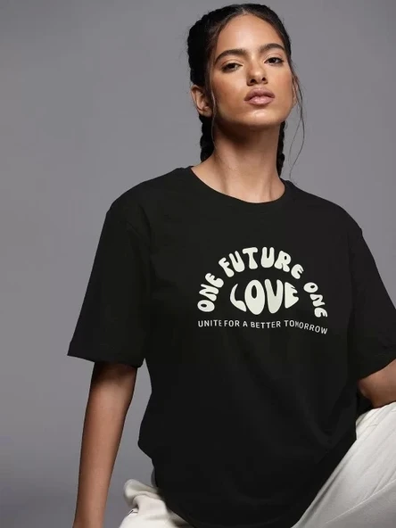Kadın Baskılı Oversize T-shirt - Siyah - 1