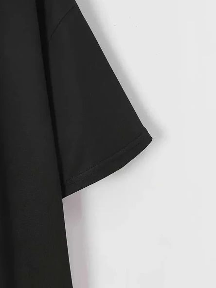 20/1 Penye Compack Baskılı Oversize Bisiklet Yaka m Kısa Kol Yazlık T-shirt - Siyah - Resim 3