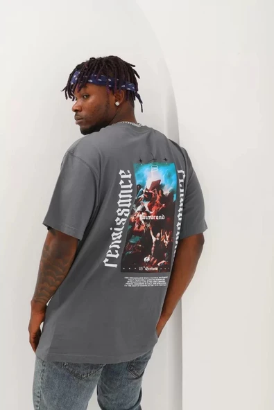 Unisex Oversize Baskılı Bisiklet Yaka T-Shirt - Füme - Resim 4