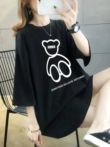 20/1 Penye Compack Ön Arka Baskılı Oversize Bisiklet Yaka T-shirt - Siyah - Resim 5