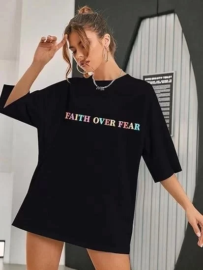 Kadın Bisiklet Yaka Baskılı T-shirt - Siyah ürün görseli