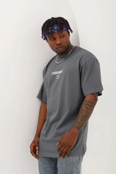 Unisex Oversize Baskılı Bisiklet Yaka T-Shirt - Füme - Resim 2