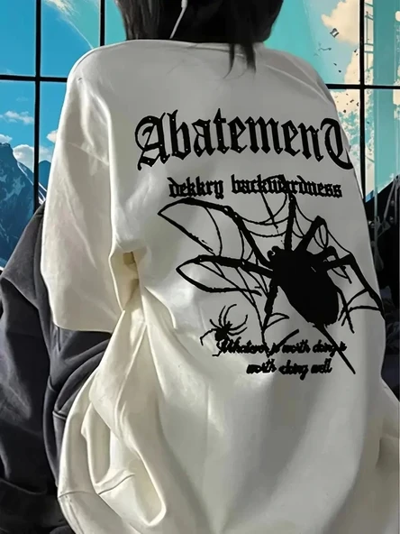 Örümcek Ağı Desenli Baskılı Oversize Bisiklet Yaka T-shirt  - Beyaz ürün görseli