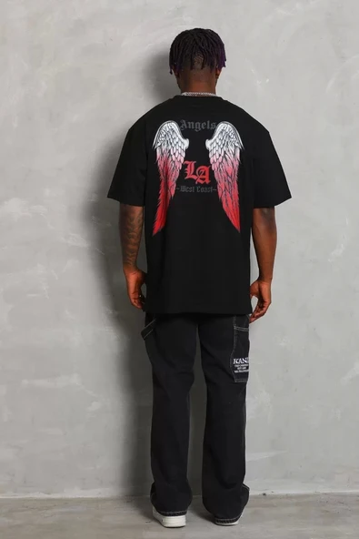 Unisex Oversize Baskılı Bisiklet Yaka T-Shirt - Siyah - Resim 2