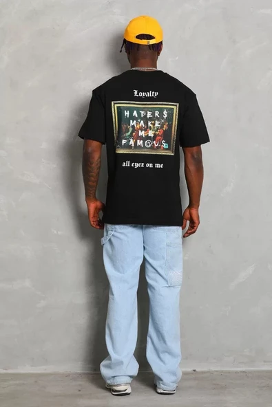 Unisex Oversize Baskılı Bisiklet Yaka T-Shirt - Siyah - 4
