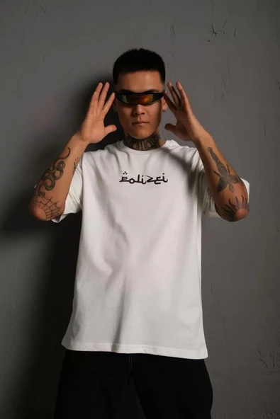 Erkek Bisiklet Yakalı Sırt Baskılı Oversize T-Shirt - Beyaz - Resim 2