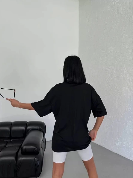 Unisex Bisiklet Yaka Baskılı Oversize T-Shirt - Siyah - Resim 2