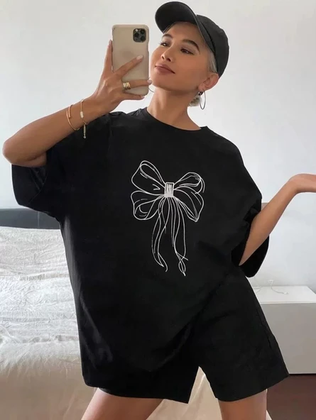 Kadın Baskılı Oversize T-shirt - Siyah - Resim 7