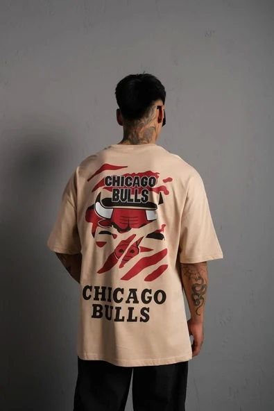 Erkek Sırt Baskılı A Kalite Oversize T-shirt - Bej - 5