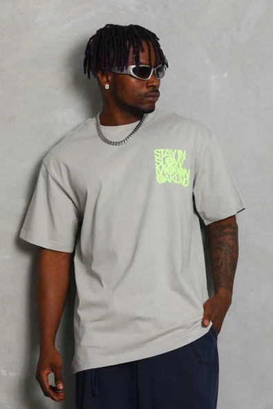 Unisex Oversize Baskılı Bisiklet Yaka T-Shirt - Gri - 1